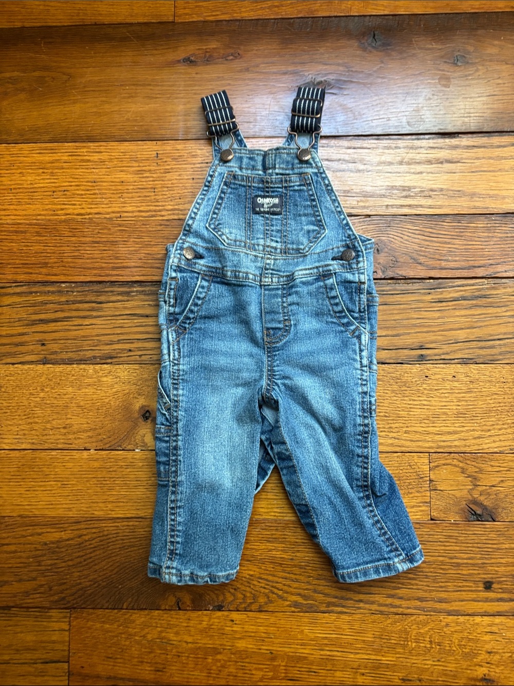 OshKosh B'gosh Medium Blue Denim Infant Overalls with Striped Straps